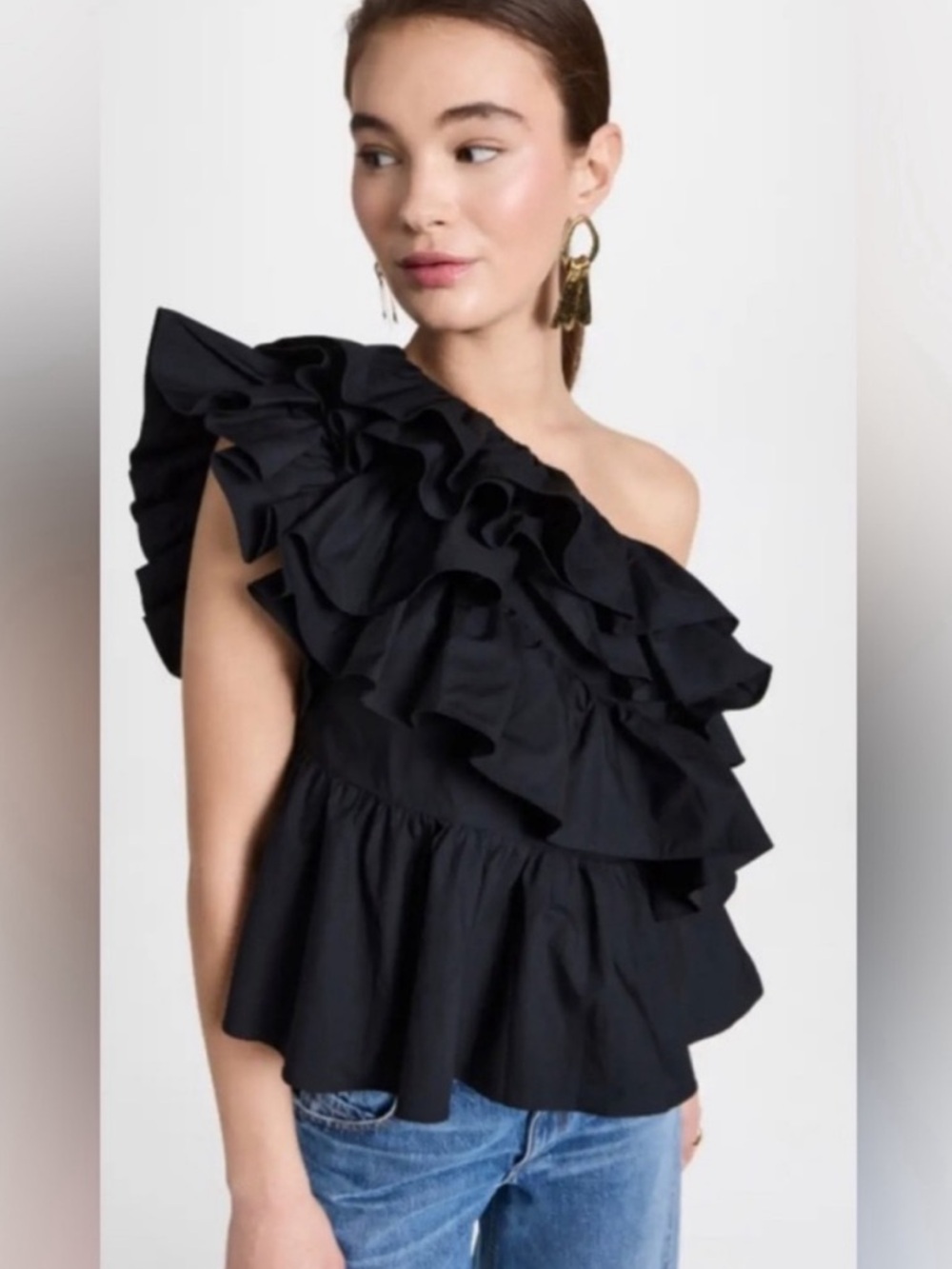 Ulla Johnson Black One-Shoulder Ruffle Blouse